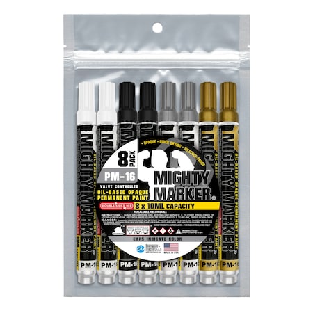 Mighty Marker PM-16 Bullet Tip, White, Black, Silver, Gold, 8PK 80616